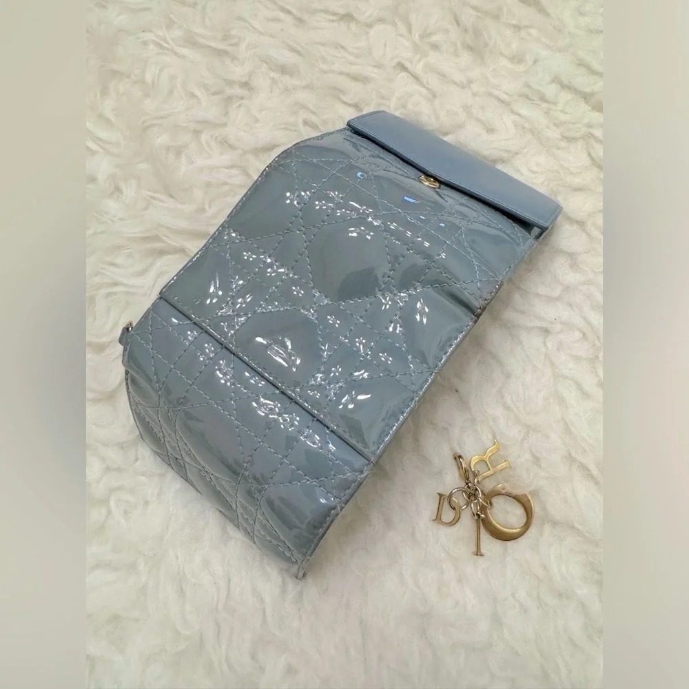 2024 CHRISTIAN DIOR Lotus Wallet Cloud Blue Patent Cannage Calfskin, Authentic